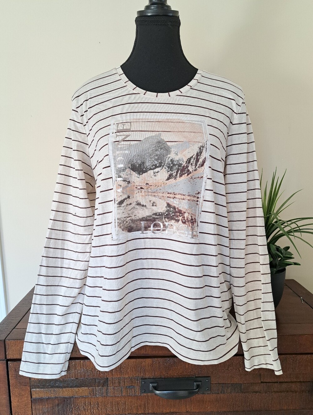 Olsen Active Striped Long Sleeve Graphic Tee Alpine Lodge Womens Size Medium